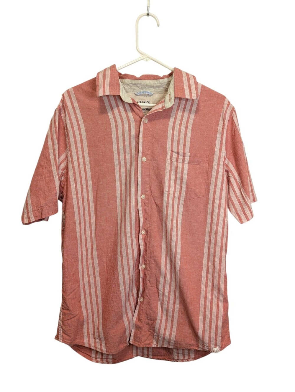 Chaps Seacoast Wash Linen Blend Shirt Mens L Salmon Stripe Button Front